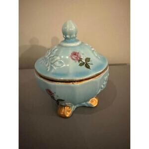 House of Fuller Blue Porcelain Trinket Box Roses Gold Trim
